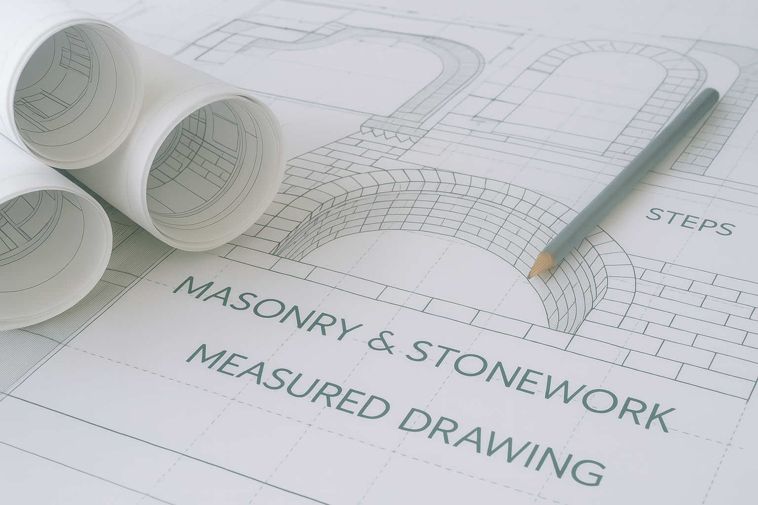 A detailed architectural blueprint for a complex masonry and stonework project, featuring measured drawings of arches, curved steps, and stone walls. Rolled-up blueprints and a sharpened pencil rest on the plan, suggesting professional design and planning for an advanced masonry build.