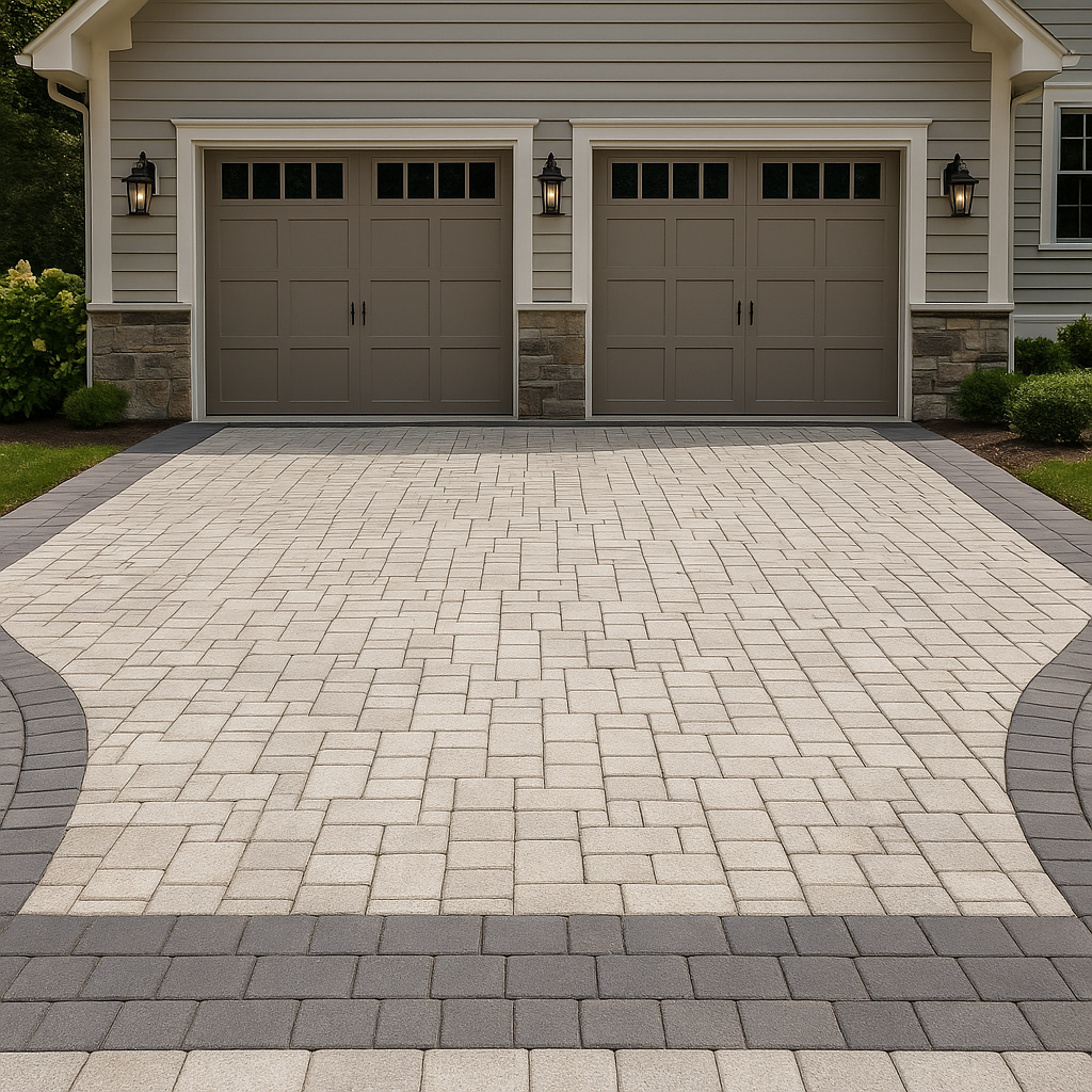 Stunning two-car garage paver driveway with white pavers in the center and dark gray paver border, leading to a modern suburban home with neat landscaping.