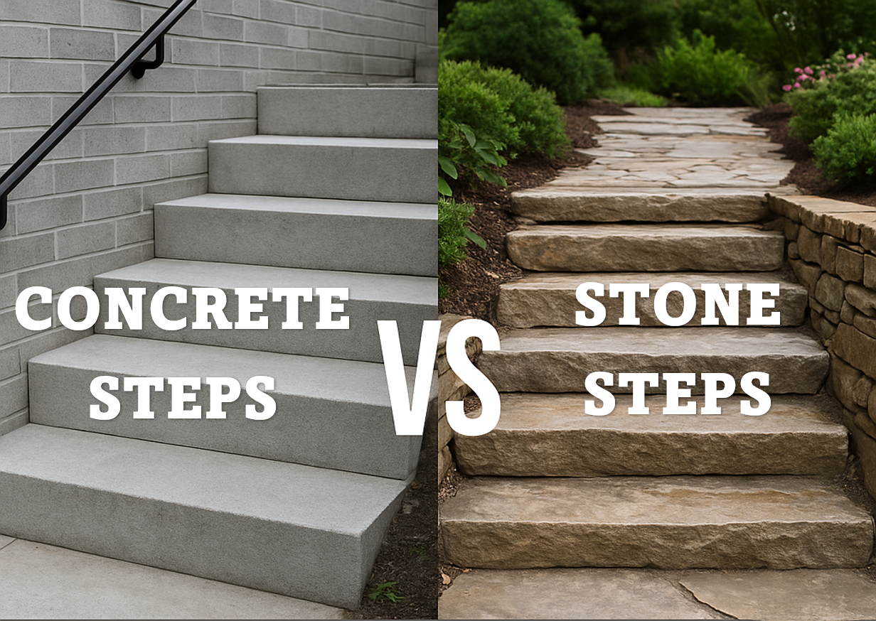 Side-by-side comparison showing modern smooth concrete steps on the left and rustic natural stone steps on the right, with the text ‘Concrete Steps vs Stone Steps: Which Should You Choose?’ below.