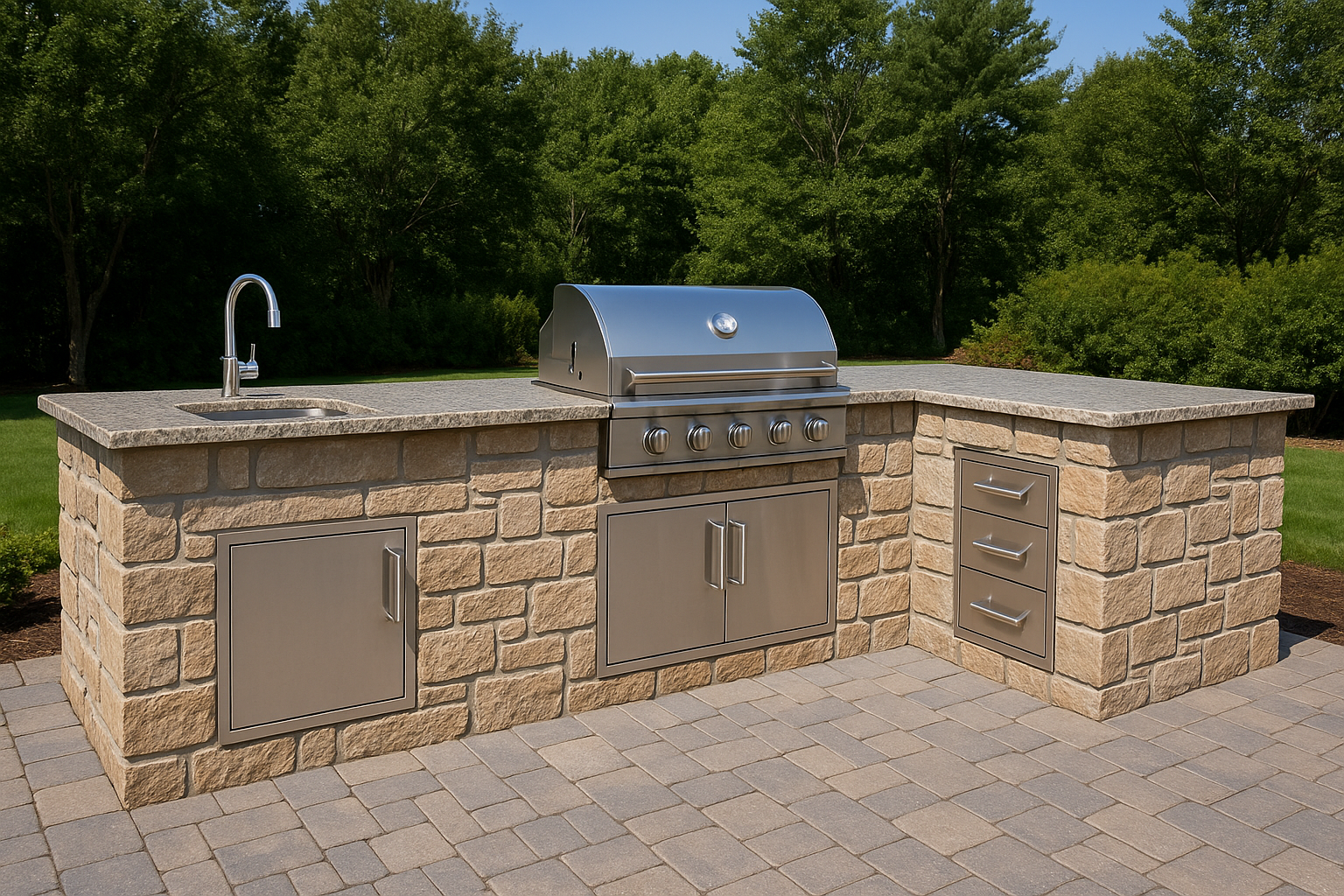 A custom outdoor kitchen built from light beige stone with a granite countertop, featuring a built-in stainless steel gas grill, a sink with a faucet, and stainless steel storage drawers and cabinets. The kitchen is set on a stone patio surrounded by green grass and trees, showcasing quality masonry craftsmanship.