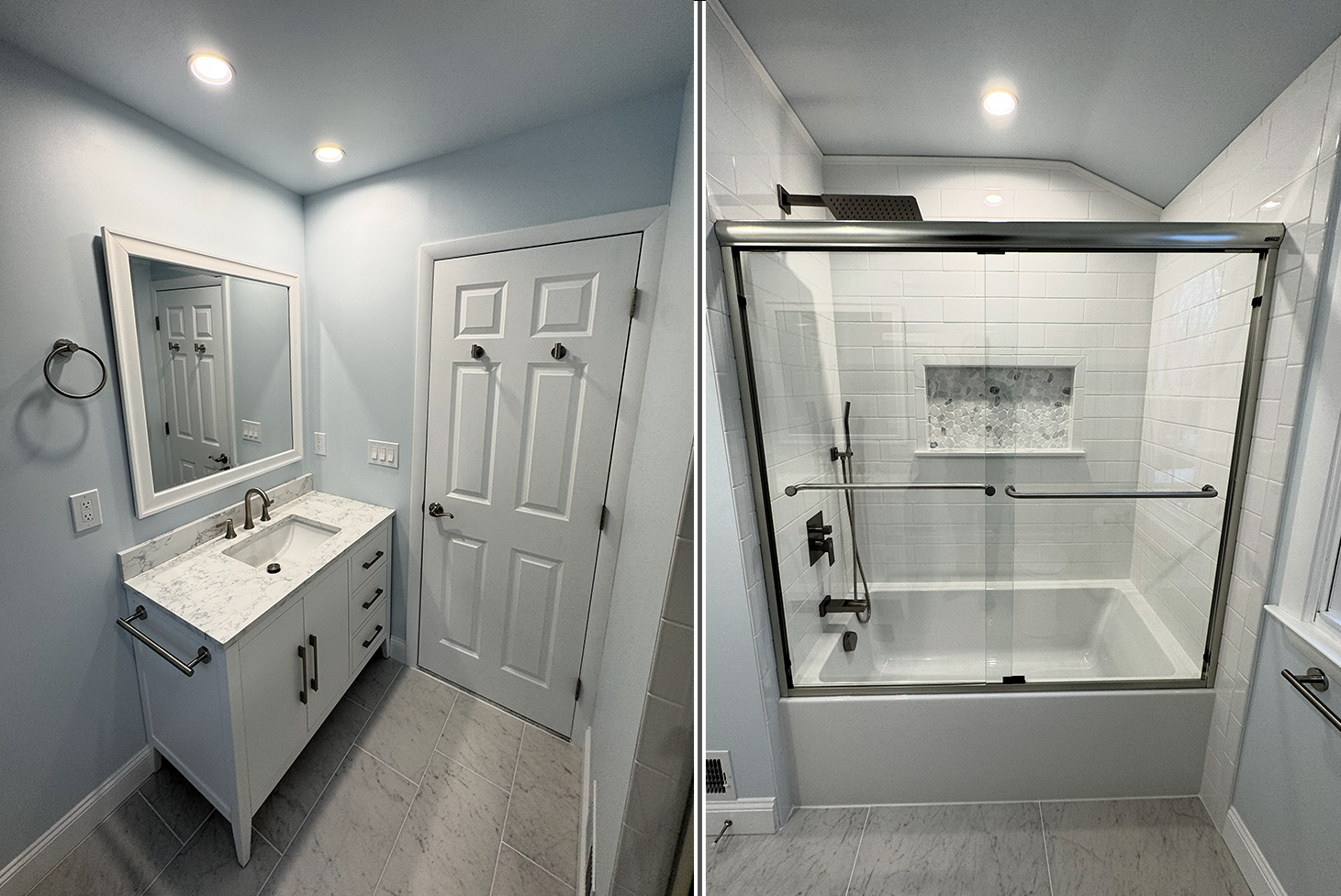 Renovated modern bathroom tile shower and new vanity