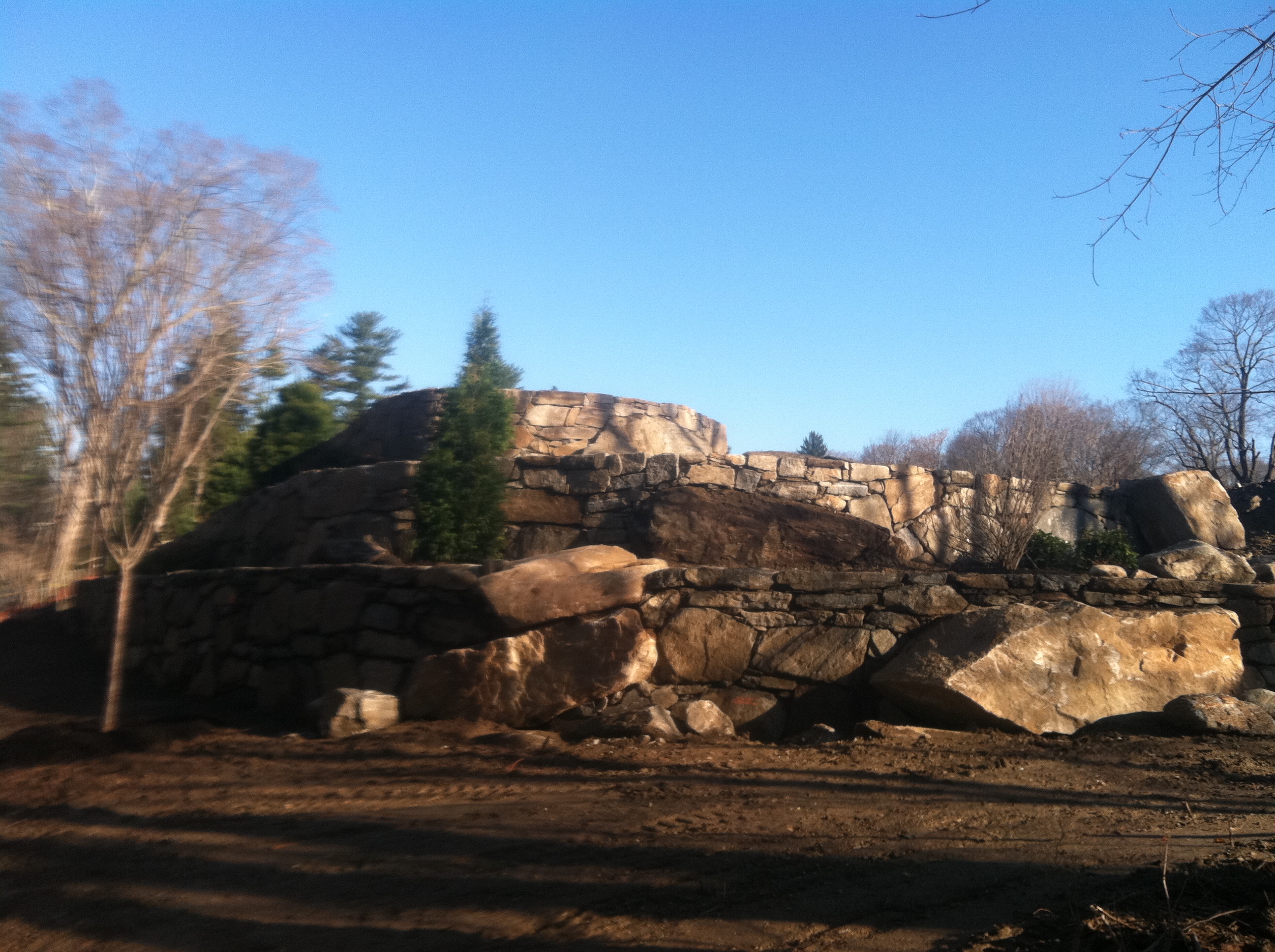 Main tiered stone retaining wall at The Stanwich School in Greenwich CT