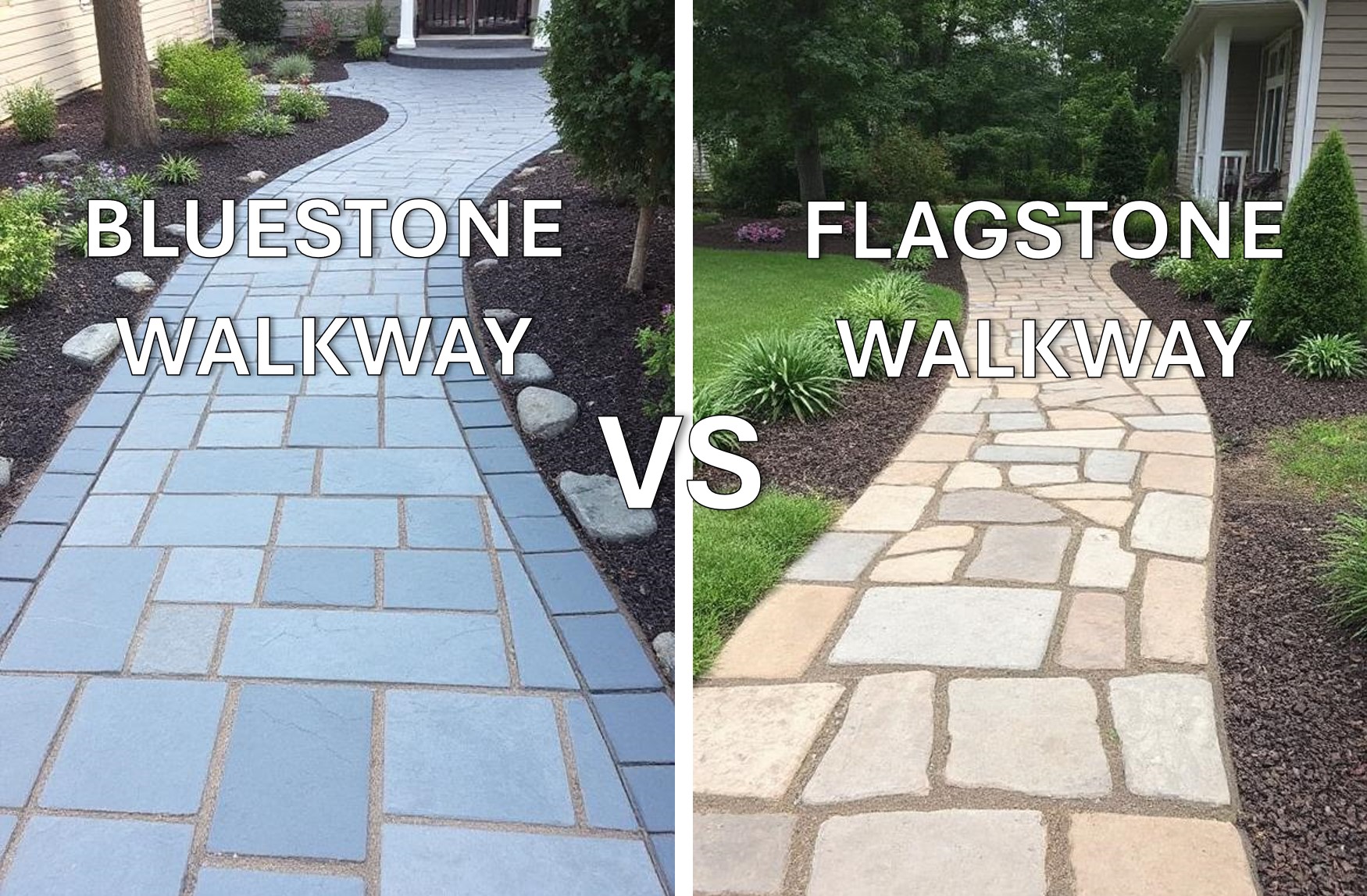 Side-by-side comparison showing modern smooth concrete steps on the left and rustic natural stone steps on the right, with the text ‘Concrete Steps vs Stone Steps: Which Should You Choose?’ below.