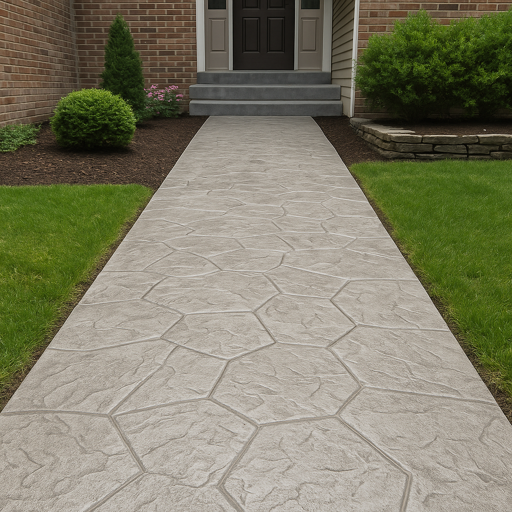 Straight stamped concrete walkway with stone pattern leading to a house front entrance with steps, lawn, and flower beds